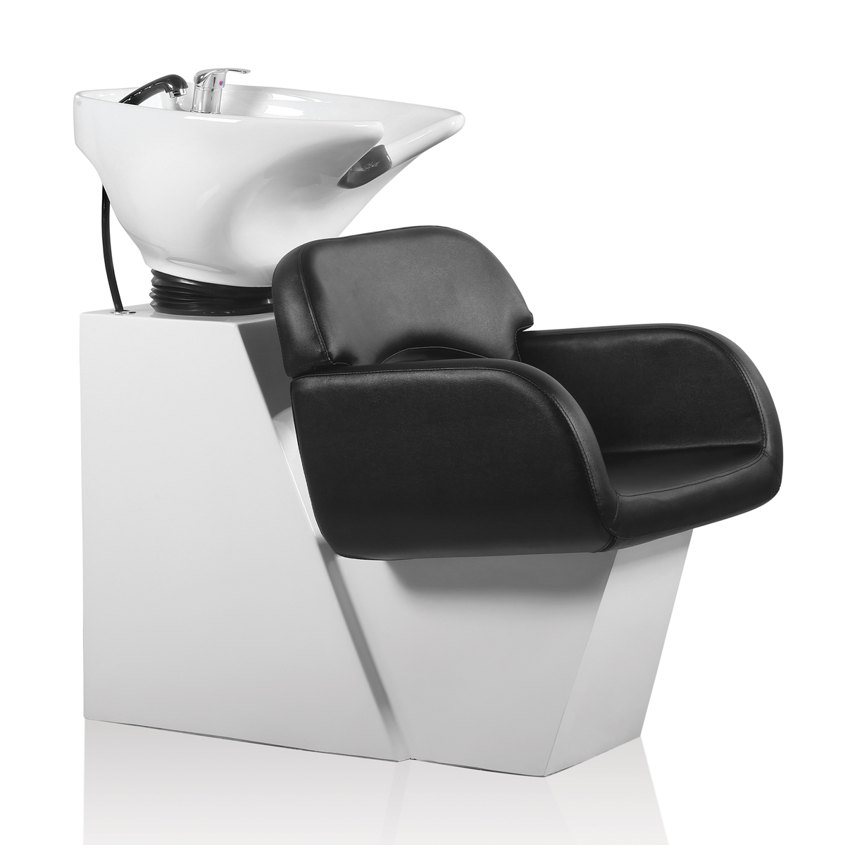 Hair Sage washing unit with white base and black chair