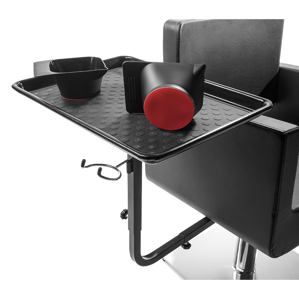 Swiveling metal tray that can be attached to a hairdressing chair