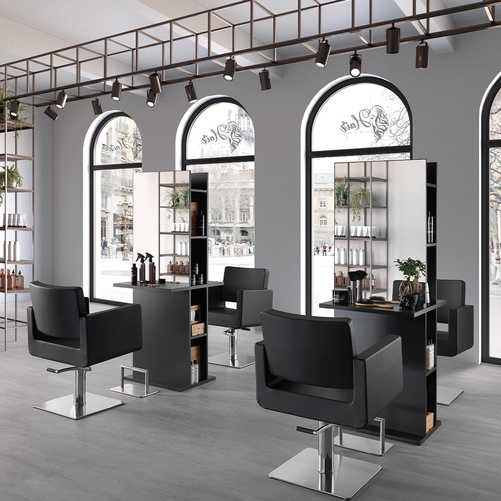 Totem double-sided mirror with shelves